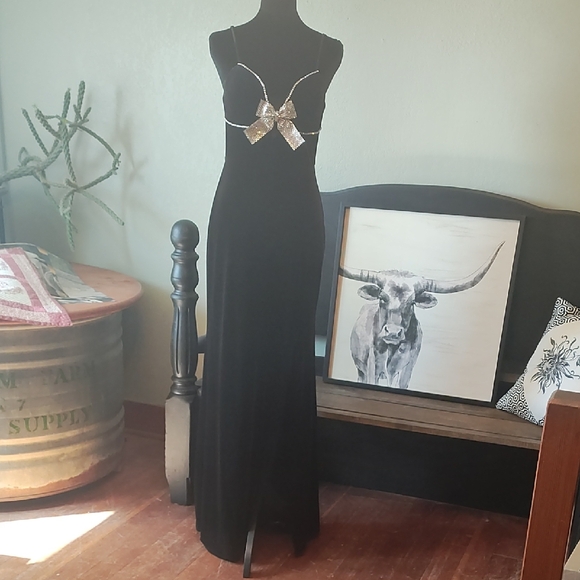 Blondie Nites Dresses & Skirts - Black Maxi Formal with Silver Sequin Bow